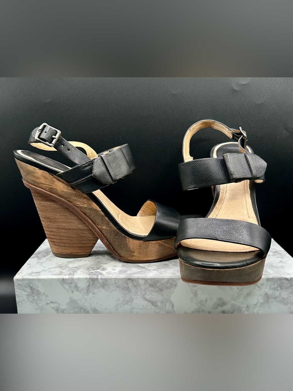FRYE Alessandra Belt Sling Black Leather Wedge Sandals with Wooden Heel.Size 9 M